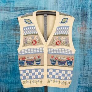 Vintage Ramie Cotton Cottagecore Floral Sweater Vest LARGE Garden Flower Bloom